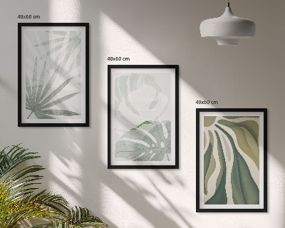 Conjunto de quadros para sala de estar Folhas de plantas em tons de verde e cinza.