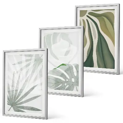 Conjunto de quadros para sala de estar com estampas de folhas de plantas em tons de verde e cinza