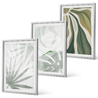 Conjunto de quadros para sala de estar Folhas de plantas em tons de verde e cinza.