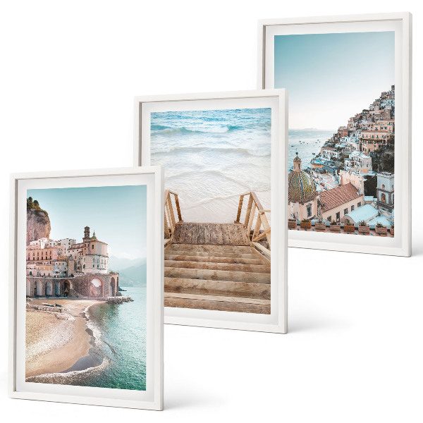 Conjunto de 3 quadros com moldura Vistas da praia em tons pastel de verão