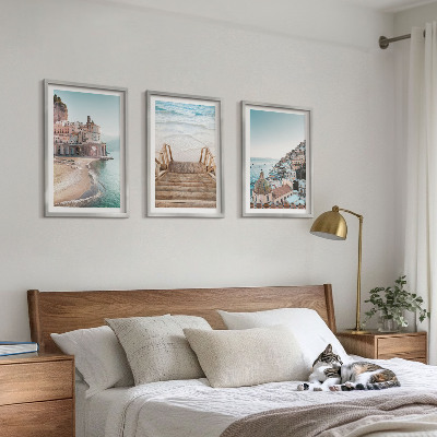 Conjunto de 3 quadros com moldura Vistas da praia em tons pastel de verão