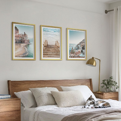 Conjunto de 3 quadros com moldura Vistas da praia em tons pastel de verão