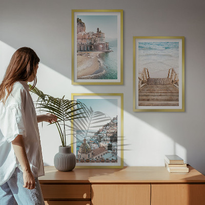 Conjunto de 3 quadros com moldura Vistas da praia em tons pastel de verão