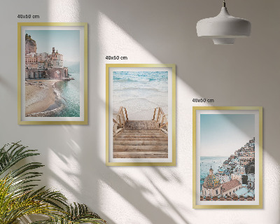 Conjunto de 3 quadros com moldura Vistas da praia em tons pastel de verão