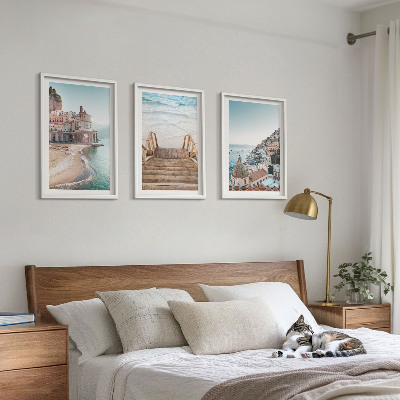 Conjunto de 3 quadros com moldura Vistas da praia em tons pastel de verão