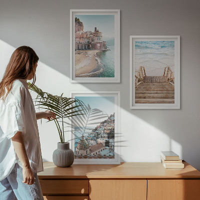 Conjunto de 3 quadros com moldura Vistas da praia em tons pastel de verão