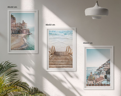 Conjunto de 3 quadros com moldura Vistas da praia em tons pastel de verão
