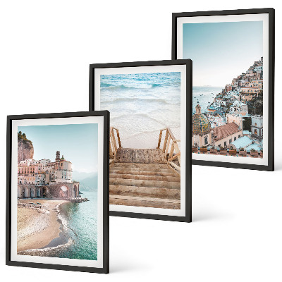 Conjunto de 3 quadros com moldura Vistas da praia em tons pastel de verão