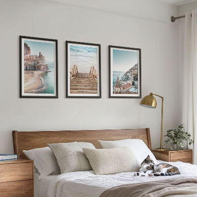 Conjunto de 3 quadros com moldura Vistas da praia em tons pastel de verão