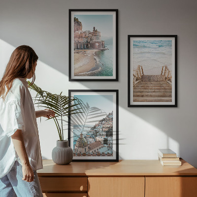 Conjunto de 3 quadros com moldura Vistas da praia em tons pastel de verão