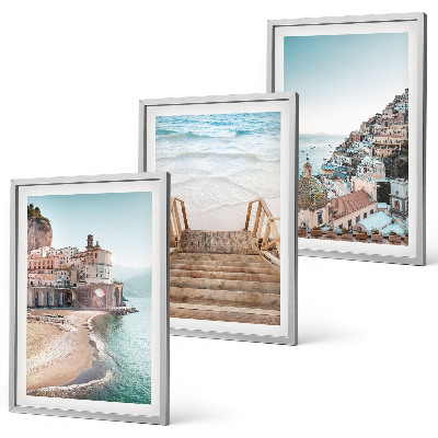 Conjunto de 3 quadros com moldura Vistas da praia em tons pastel de verão