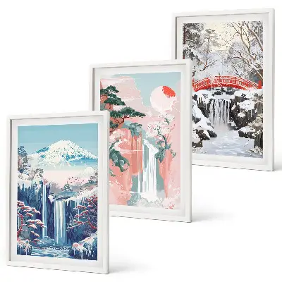 Conjunto de quadros para sala de estar com paisagens de montanhas e cachoeiras
