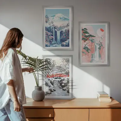 Conjunto de quadros para sala de estar com paisagens de montanhas e cachoeiras