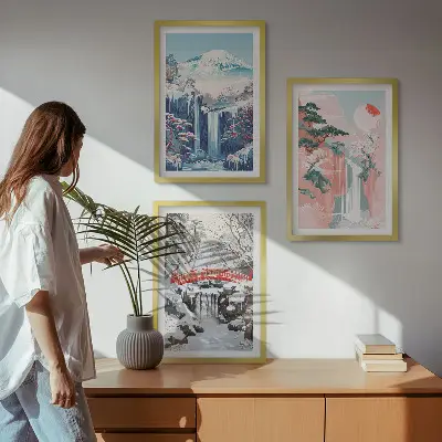 Conjunto de quadros para sala de estar com paisagens de montanhas e cachoeiras