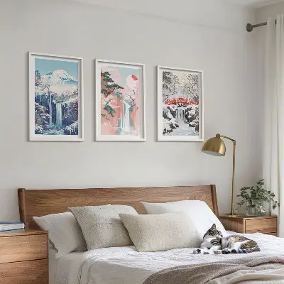 Conjunto de quadros para sala de estar com paisagens de montanhas e cachoeiras