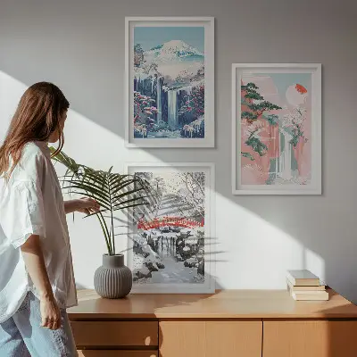 Conjunto de quadros para sala de estar com paisagens de montanhas e cachoeiras