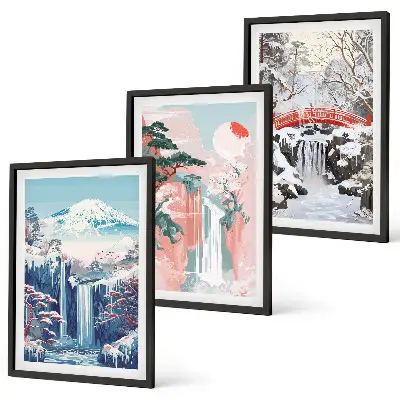 Conjunto de quadros para sala de estar com paisagens de montanhas e cachoeiras