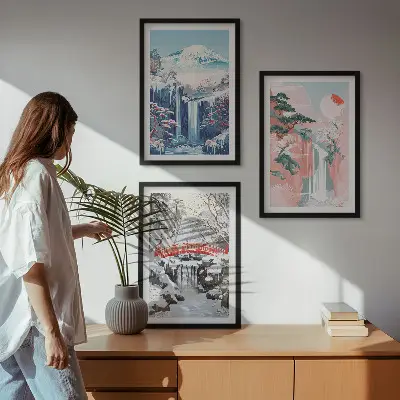 Conjunto de quadros para sala de estar com paisagens de montanhas e cachoeiras