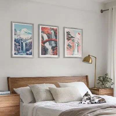 Composição de quadros moderna com cachoeiras, montanhas, ponte e árvores