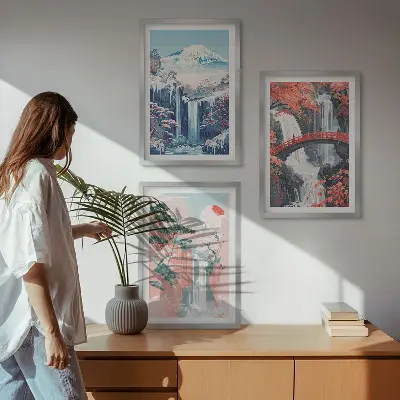 Composição de quadros moderna com cachoeiras, montanhas, ponte e árvores