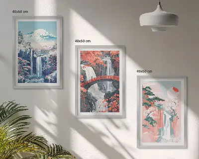 Composição de quadros moderna com cachoeiras, montanhas, ponte e árvores