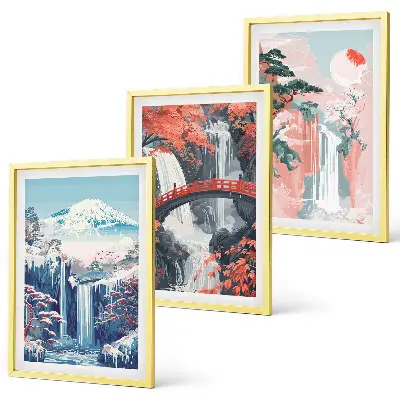 Composição de quadros moderna com cachoeiras, montanhas, ponte e árvores