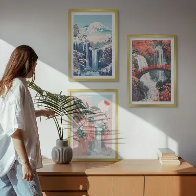 Composição de quadros moderna com cachoeiras, montanhas, ponte e árvores