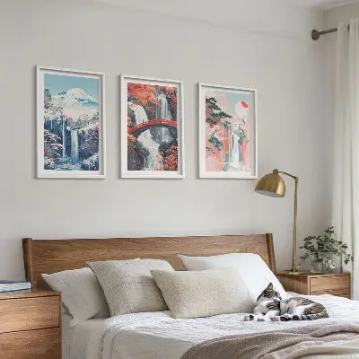 Composição de quadros moderna com cachoeiras, montanhas, ponte e árvores