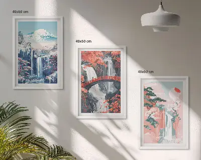 Composição de quadros moderna com cachoeiras, montanhas, ponte e árvores