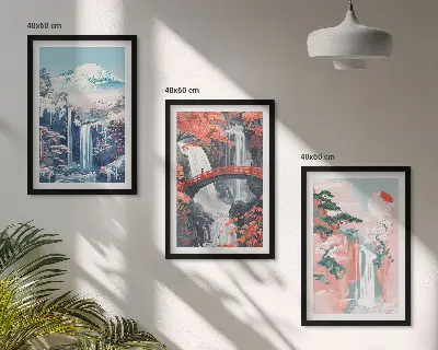 Composição de quadros moderna com cachoeiras, montanhas, ponte e árvores