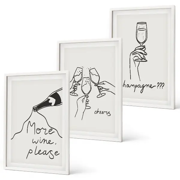 Conjunto de 3 quadros com moldura com desenho linear de vinho e champanhe