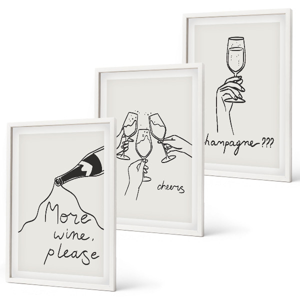 Conjunto de 3 quadros com moldura desenho linear de vinho champanhe
