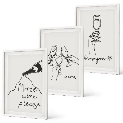 Conjunto de 3 quadros com moldura com desenho linear de vinho e champanhe
