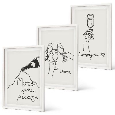 Conjunto de 3 quadros com moldura desenho linear de vinho champanhe