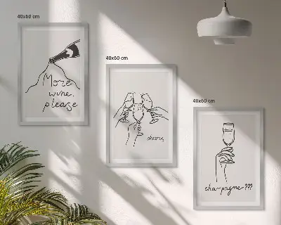Conjunto de 3 quadros com moldura com desenho linear de vinho e champanhe