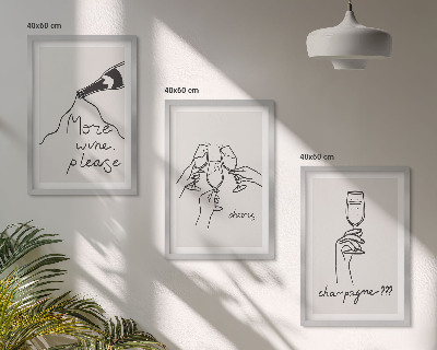 Conjunto de 3 quadros com moldura desenho linear de vinho champanhe
