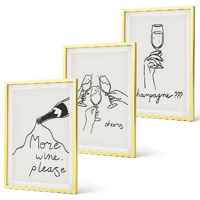 Conjunto de 3 quadros com moldura com desenho linear de vinho e champanhe