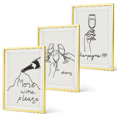 Conjunto de 3 quadros com moldura desenho linear de vinho champanhe