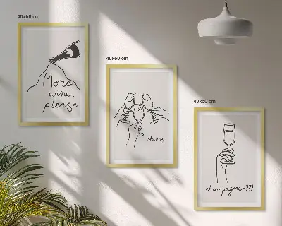 Conjunto de 3 quadros com moldura com desenho linear de vinho e champanhe
