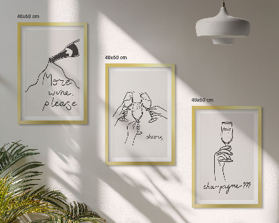 Conjunto de 3 quadros com moldura desenho linear de vinho champanhe