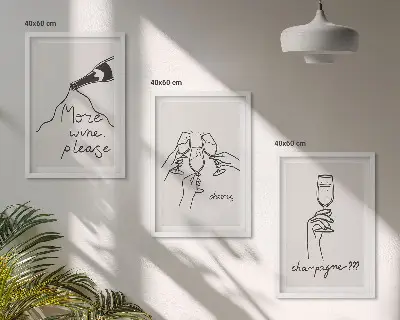 Conjunto de 3 quadros com moldura com desenho linear de vinho e champanhe
