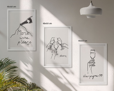 Conjunto de 3 quadros com moldura desenho linear de vinho champanhe