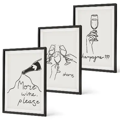 Conjunto de 3 quadros com moldura com desenho linear de vinho e champanhe
