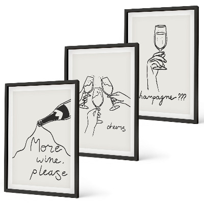 Conjunto de 3 quadros com moldura desenho linear de vinho champanhe