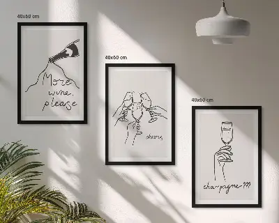 Conjunto de 3 quadros com moldura com desenho linear de vinho e champanhe