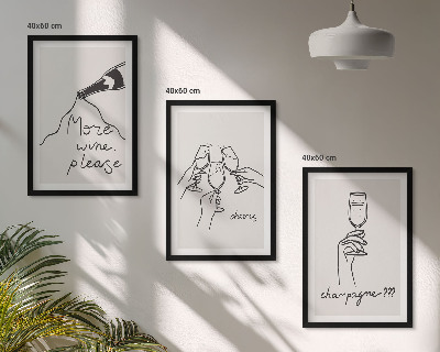 Conjunto de 3 quadros com moldura desenho linear de vinho champanhe