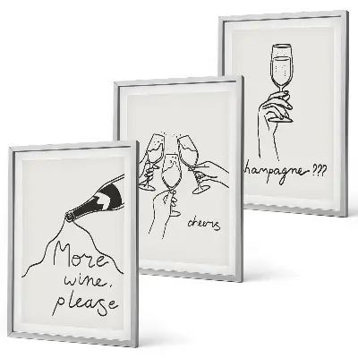 Conjunto de 3 quadros com moldura com desenho linear de vinho e champanhe
