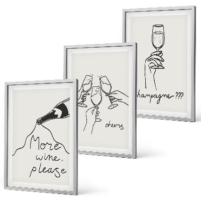 Conjunto de 3 quadros com moldura desenho linear de vinho champanhe