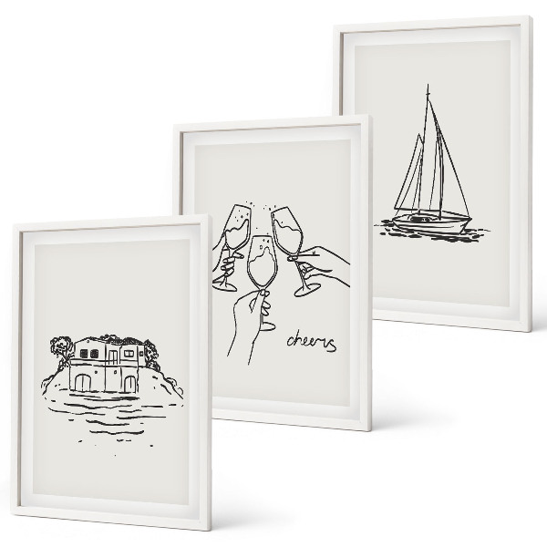 Conjunto de quadros para sala de estar casa à beira-mar, veleiro e brinde