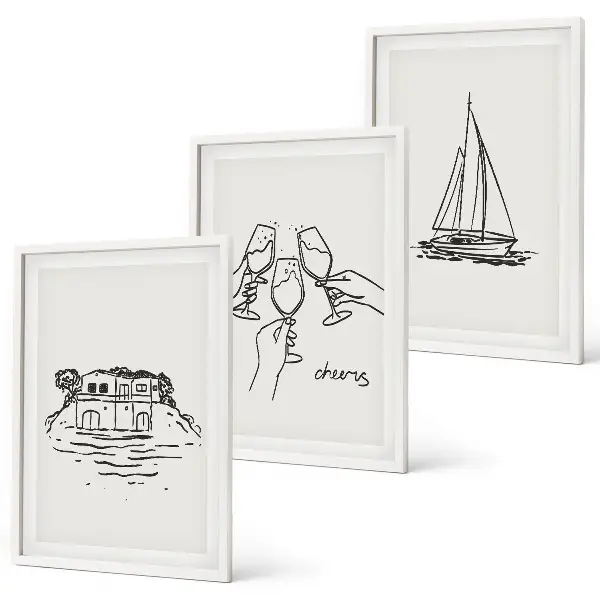 Conjunto de quadros para sala de estar tema casa à beira-mar com veleiro e brinde